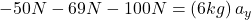 -50 N - 69 N - 100 N = \left(6kg\right)a_{y}